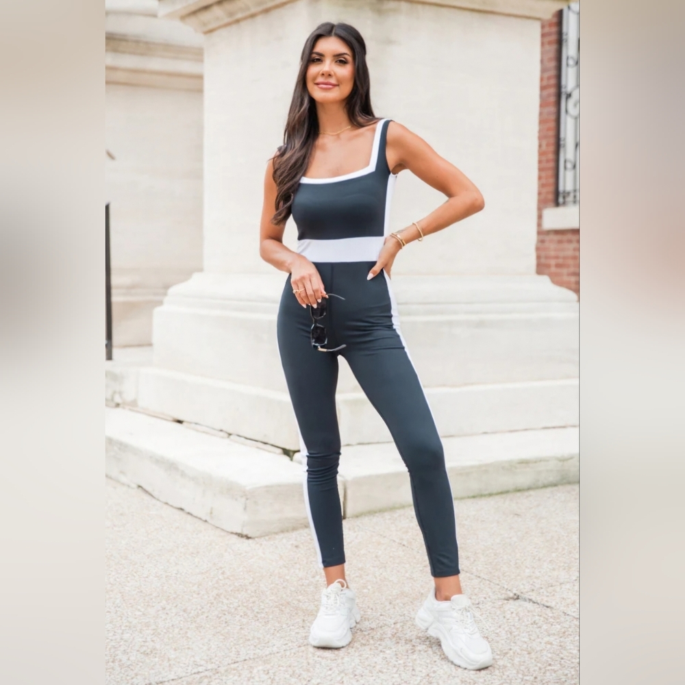 Pink Lily "THE DIFFERENCE BETWEEN US" Black White Contrast Trim Active Jumpsuit